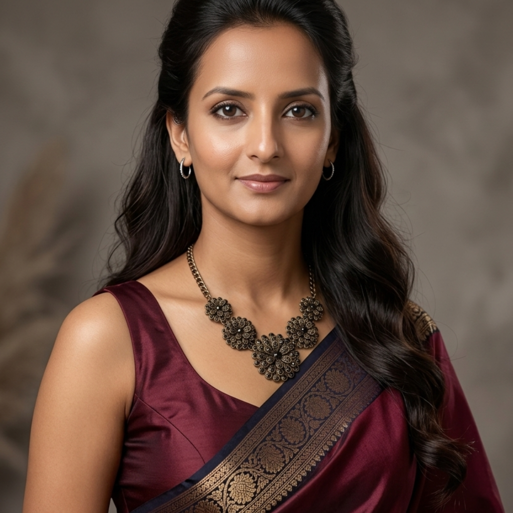 Woman wearing a maroon saree with gold patterns against a neutral background