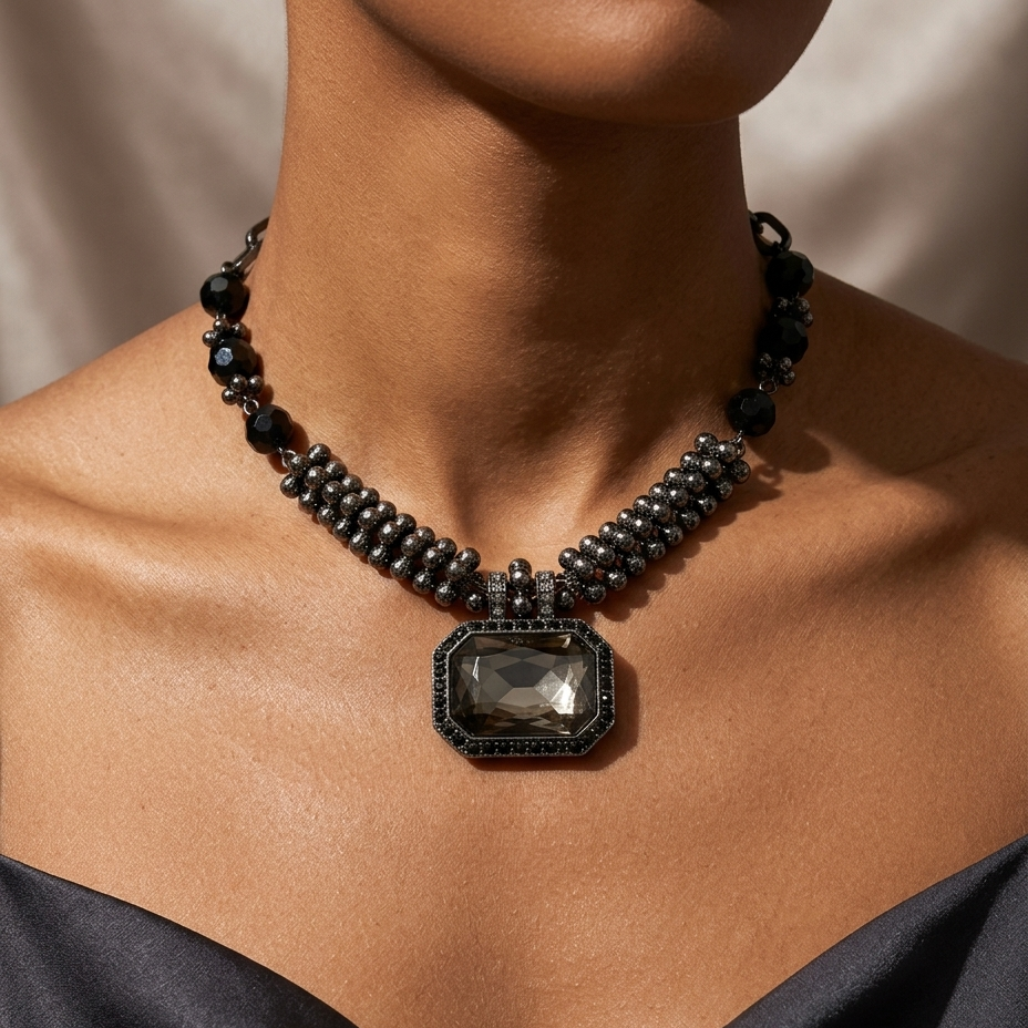 A close-up of a model wearing a black beaded necklace with a large rectangular smoky-gray stone pendant, styled with a dark satin top.