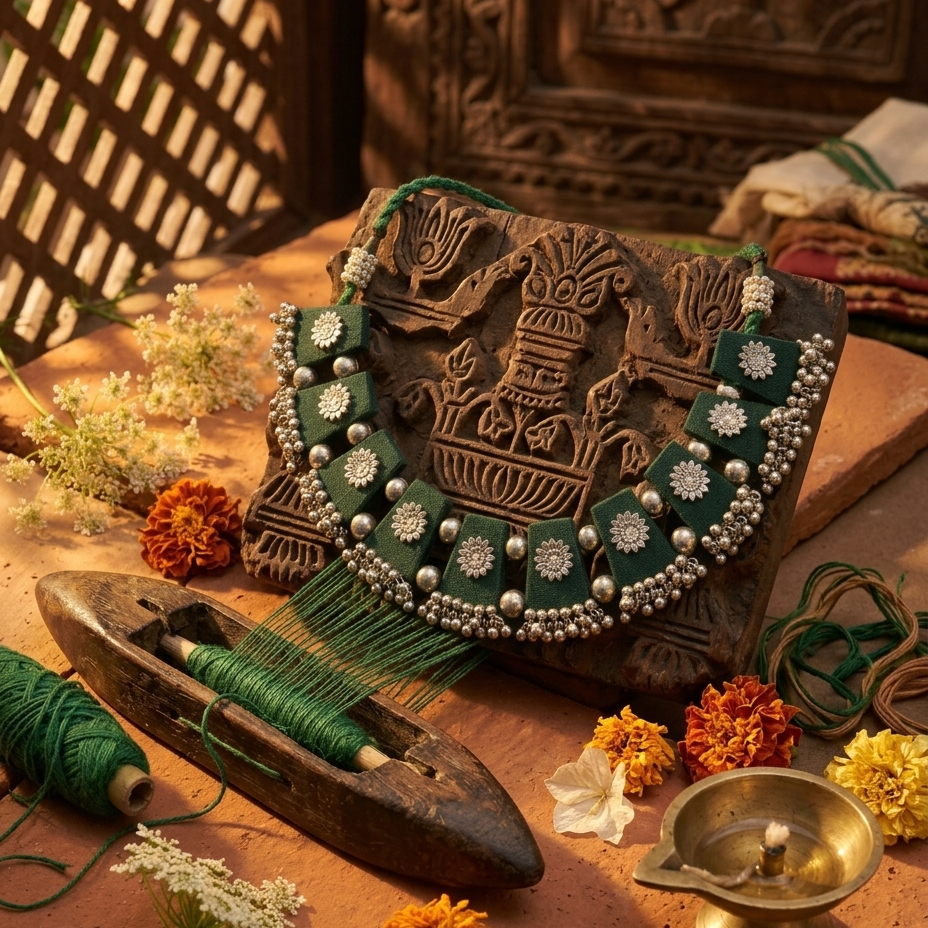 A handwoven green and silver beaded necklace displayed on a carved wooden block, with a wooden loom tool, green thread, marigold flowers, and a brass lamp arranged around it in a warm rustic setting.
