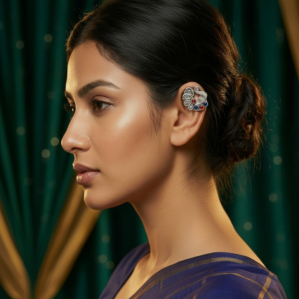 Yugavi Bugadi oxidised silver peacock ear cuff traditional Indian jewellery ruby red sapphire blue stones filigree tail no piercing Maharashtrian heritage festive bridal buy online India