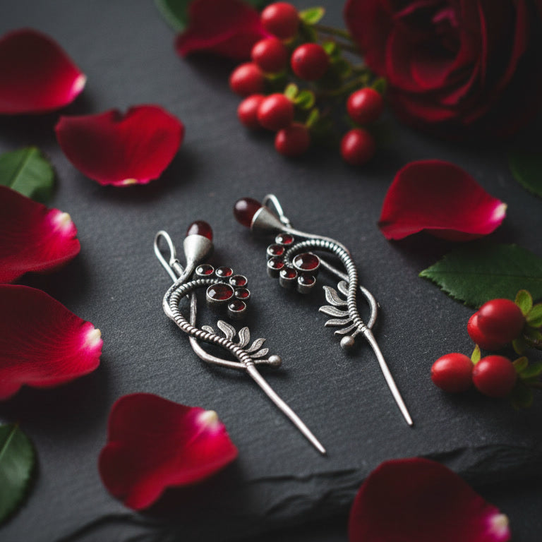 oxidised silver ruby red garnet botanical vine ear pin earrings India Yugavi Kansyam heritage festive bridal party jewellery buy online