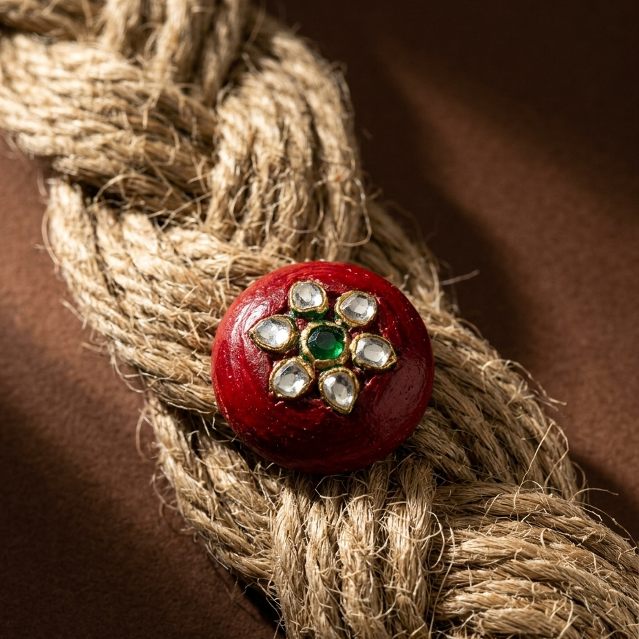 A round red decorative button or brooch with a floral gold-tone setting, white stones, and a central green stone, resting on a thick braided beige rope against a dark brown background.