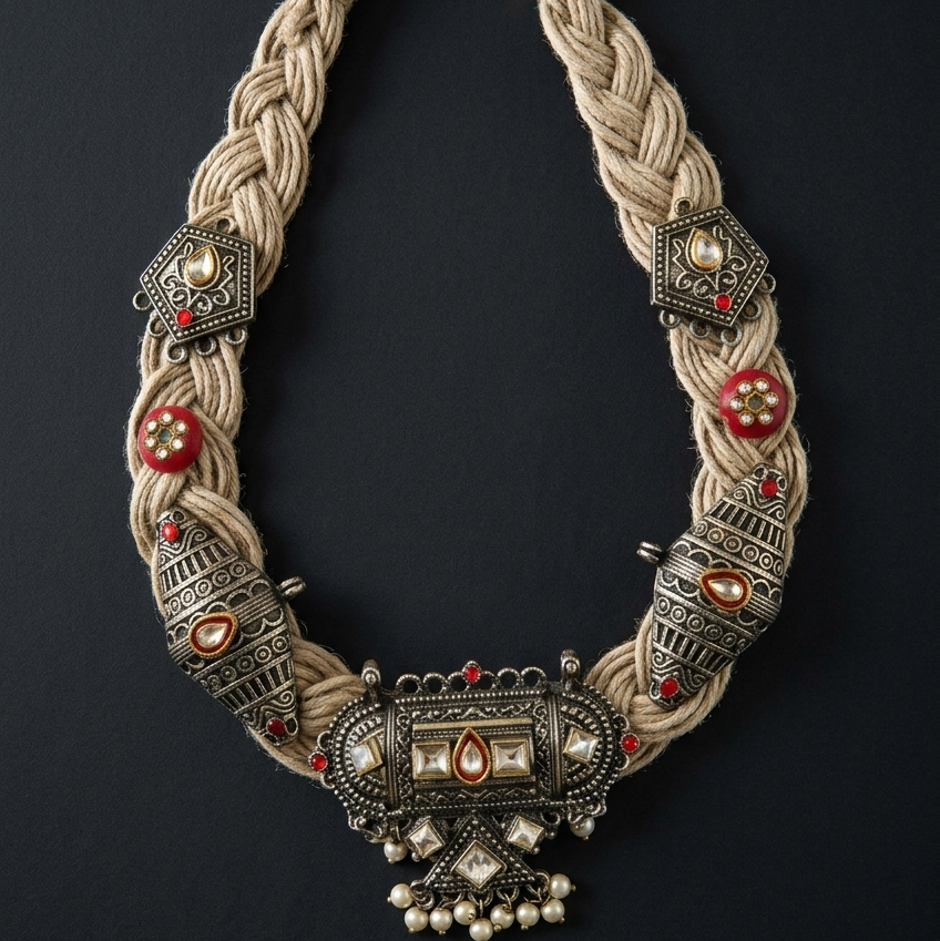 An ornate statement necklace featuring braided beige rope and intricate silver filigree with red and white accents, displayed on a dark background.