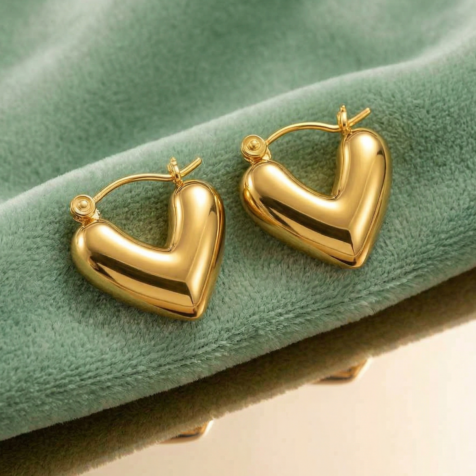 hunky puffy heart hoop earrings in high mirror polish 18K gold, hollow sculptural heart silhouette with open centre and hinge lock closure, front view pair — House of Yugavi