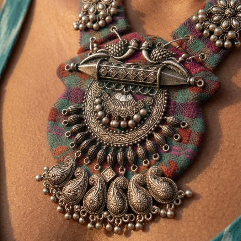 A close-up of a person wearing an ornate silver-toned statement necklace with paisley and floral motifs over a colorful patterned fabric bib, paired with a teal top.