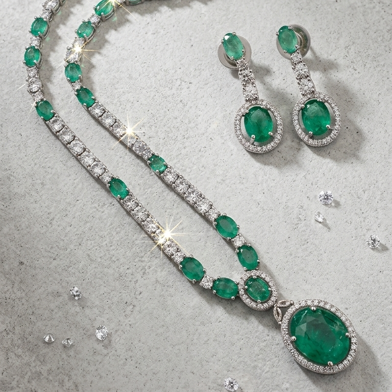 A luxury jewelry set featuring a silver-toned necklace and matching drop earrings, both adorned with emerald-cut green gemstones and surrounded by sparkling clear stones, displayed on a textured gray surface.