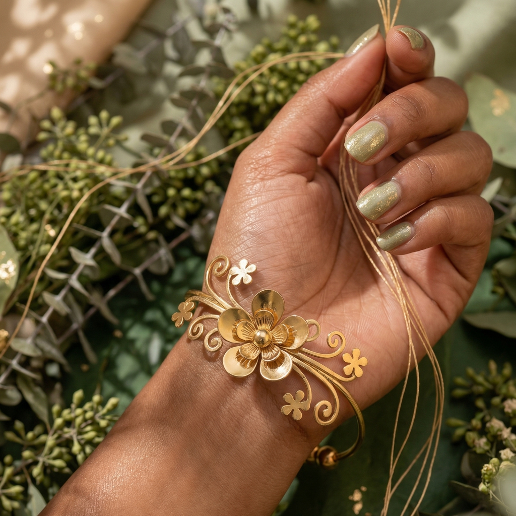  filigree open cuff bangle with scrolling vine openwork, small flower cutouts, gold bead accents and raised 3D dimensional centre flower bloom with oxidised dark petals, front view