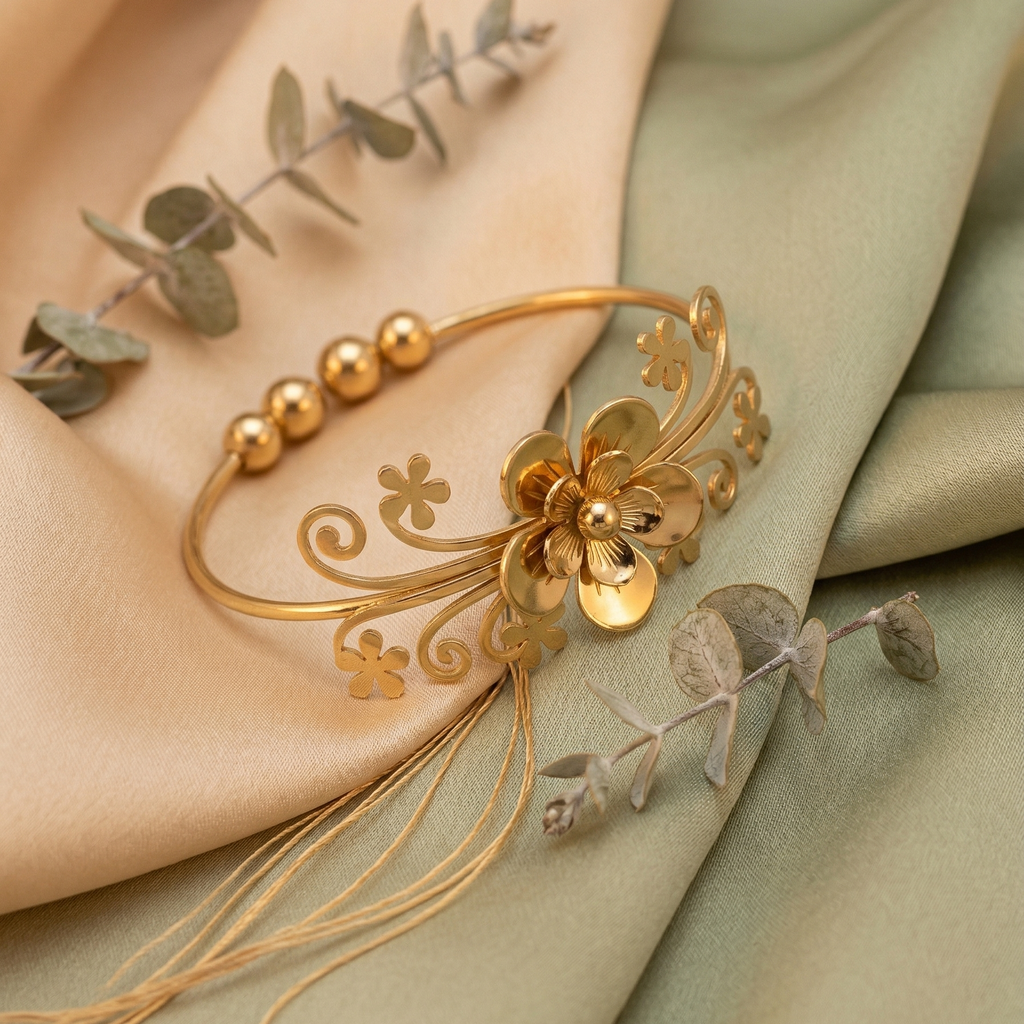 Yugavi Vana gold floral filigree open cuff bangle with scrolling vine openwork, small flower cutouts, gold bead accents and raised 3D dimensional centre flower bloom with oxidised dark petals, front view