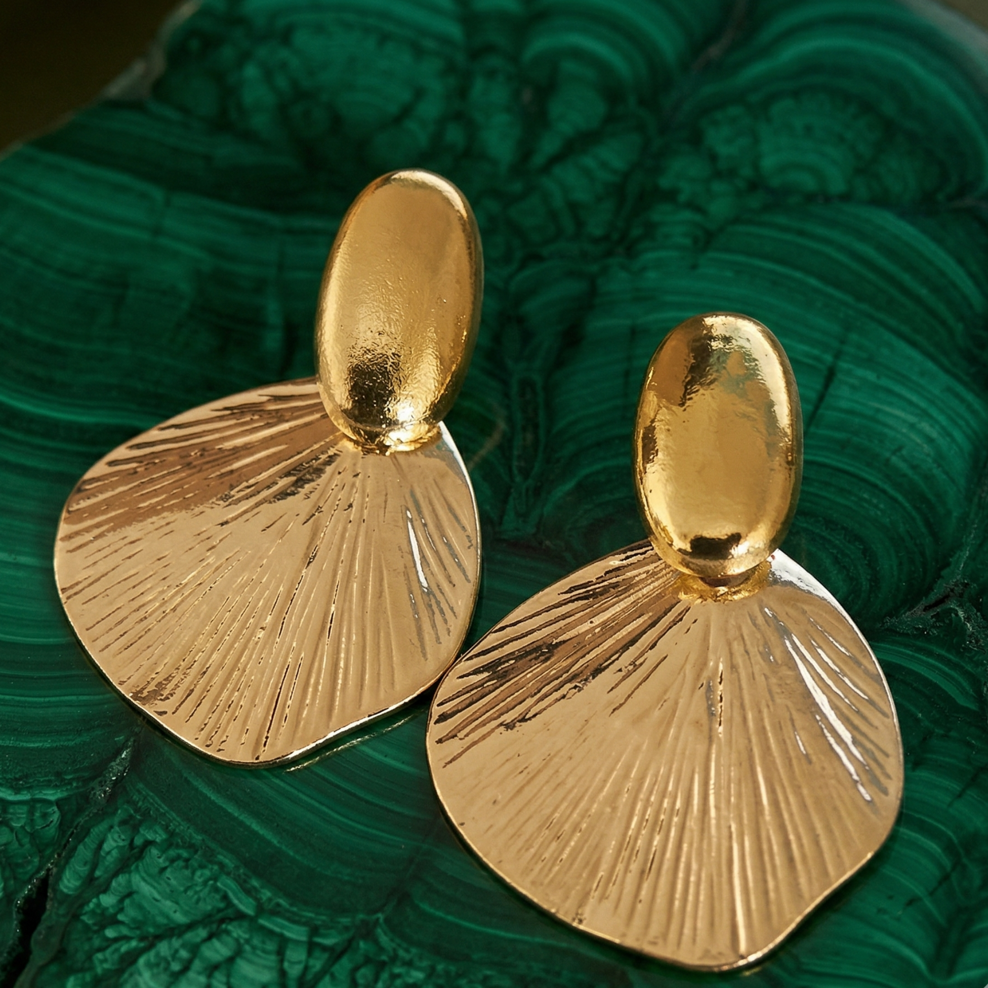 gold oval stud with large radiating etched fan disc drop — statement gold earrings — houseofyugavi.com