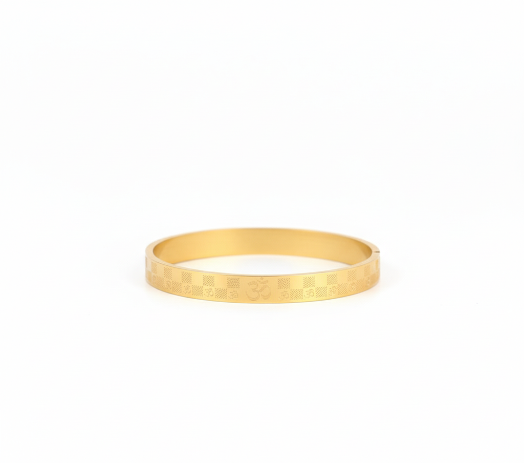 gold plated Om symbol engraved flat bangle kada unisex India