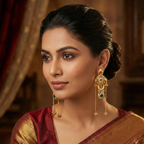 gold plated chandbali long chain dangler earrings emerald green square CZ stone seed pearl meenakari crescent ring ghungroo ball drops bridal wedding festive Navratri Indian jewellery Yugavi buy online India