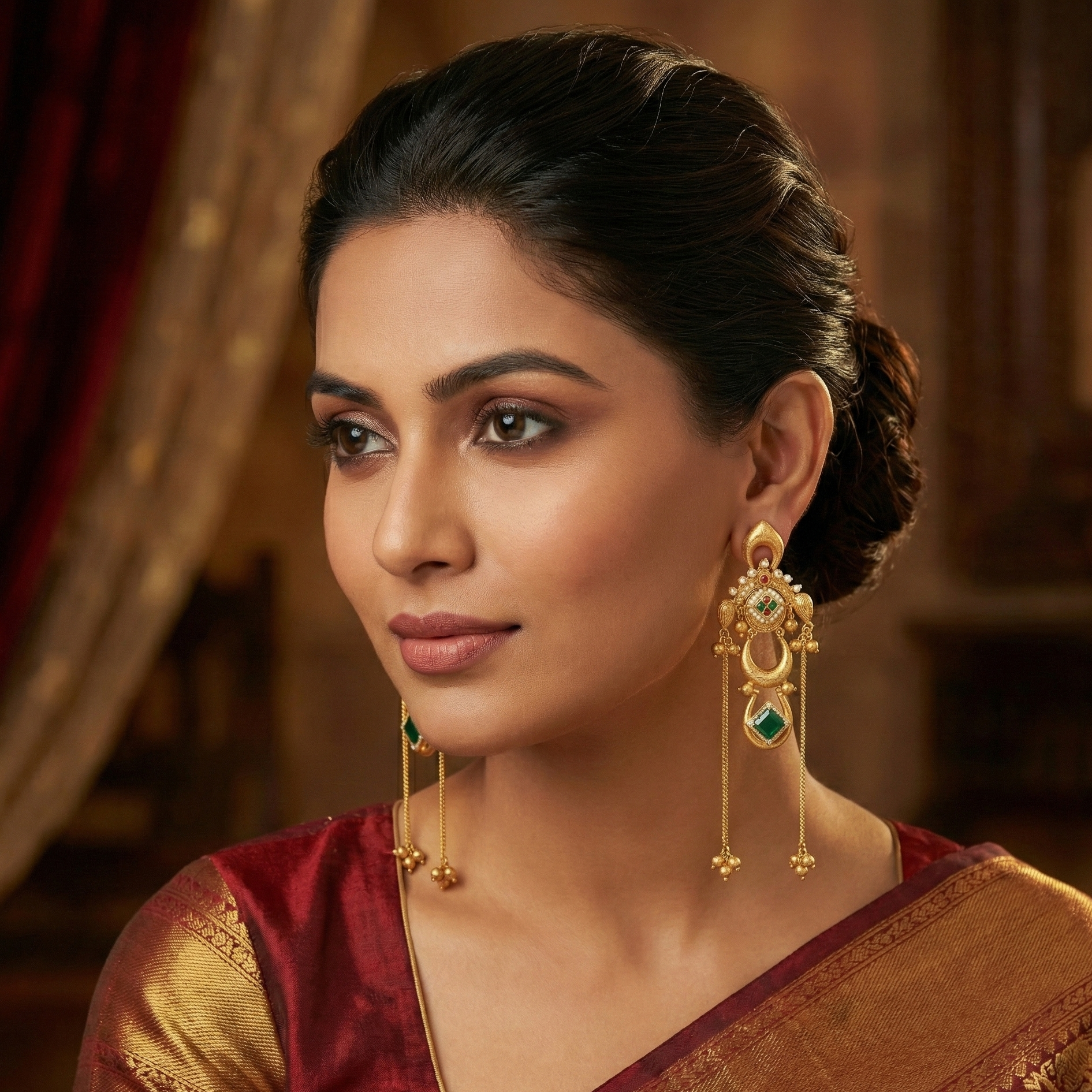 gold plated chandbali long chain dangler earrings emerald green square CZ stone seed pearl meenakari crescent ring ghungroo ball drops bridal wedding festive Navratri Indian jewellery Yugavi buy online India