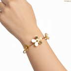 gold plated floral charm open cuff wire bangle bracelet women girls India Yugavi five petal flower filigree daily casual festive gifting jewellery buy online