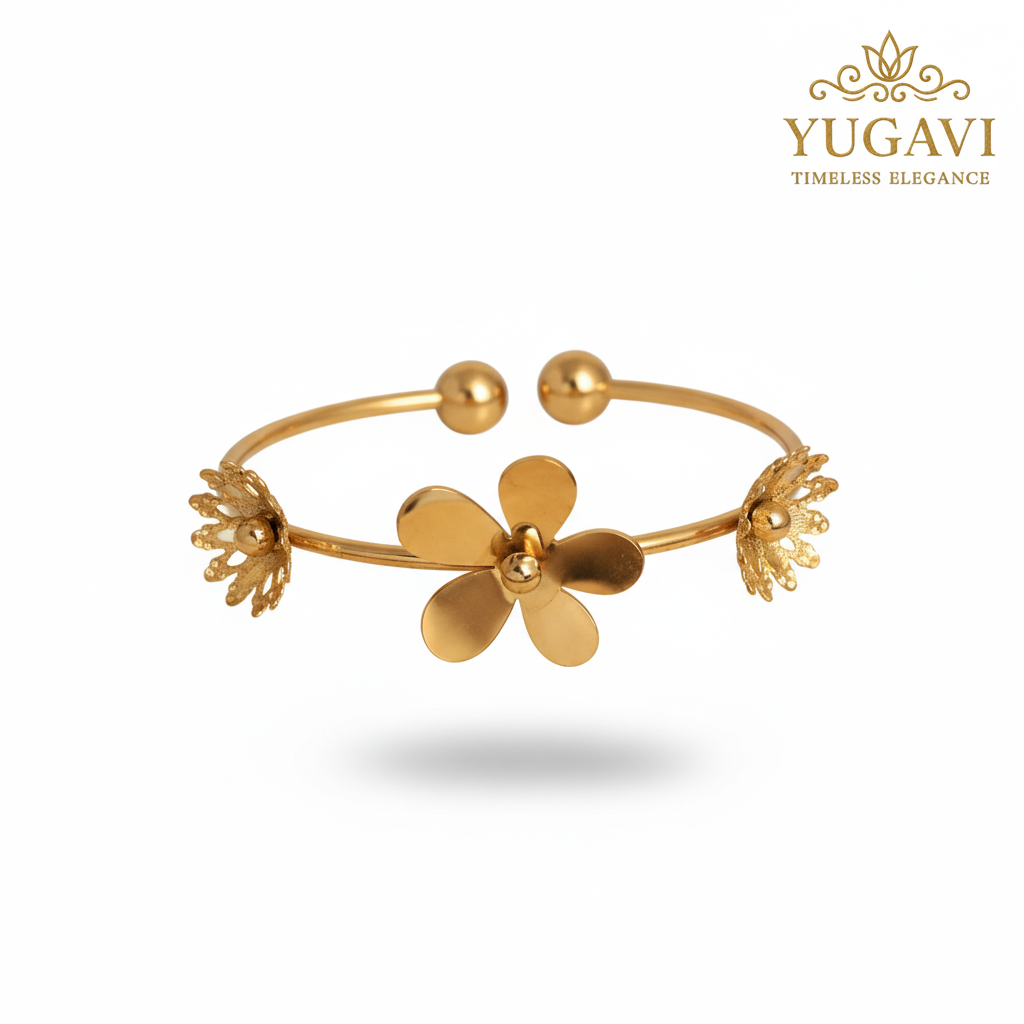 gold plated floral charm open cuff wire bangle bracelet women girls India Yugavi five petal flower filigree daily casual festive gifting jewellery buy online