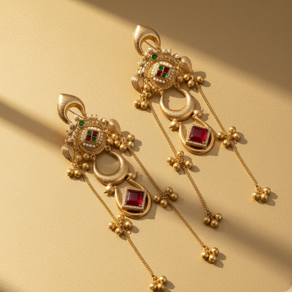 Yugavi Navi gold plated long chandbali chain dangler earrings ruby red CZ stone seed pearl meenakari crescent ring ghungroo drops bridal wedding festive Indian heritage jewellery Yugavi Kansyam buy online India