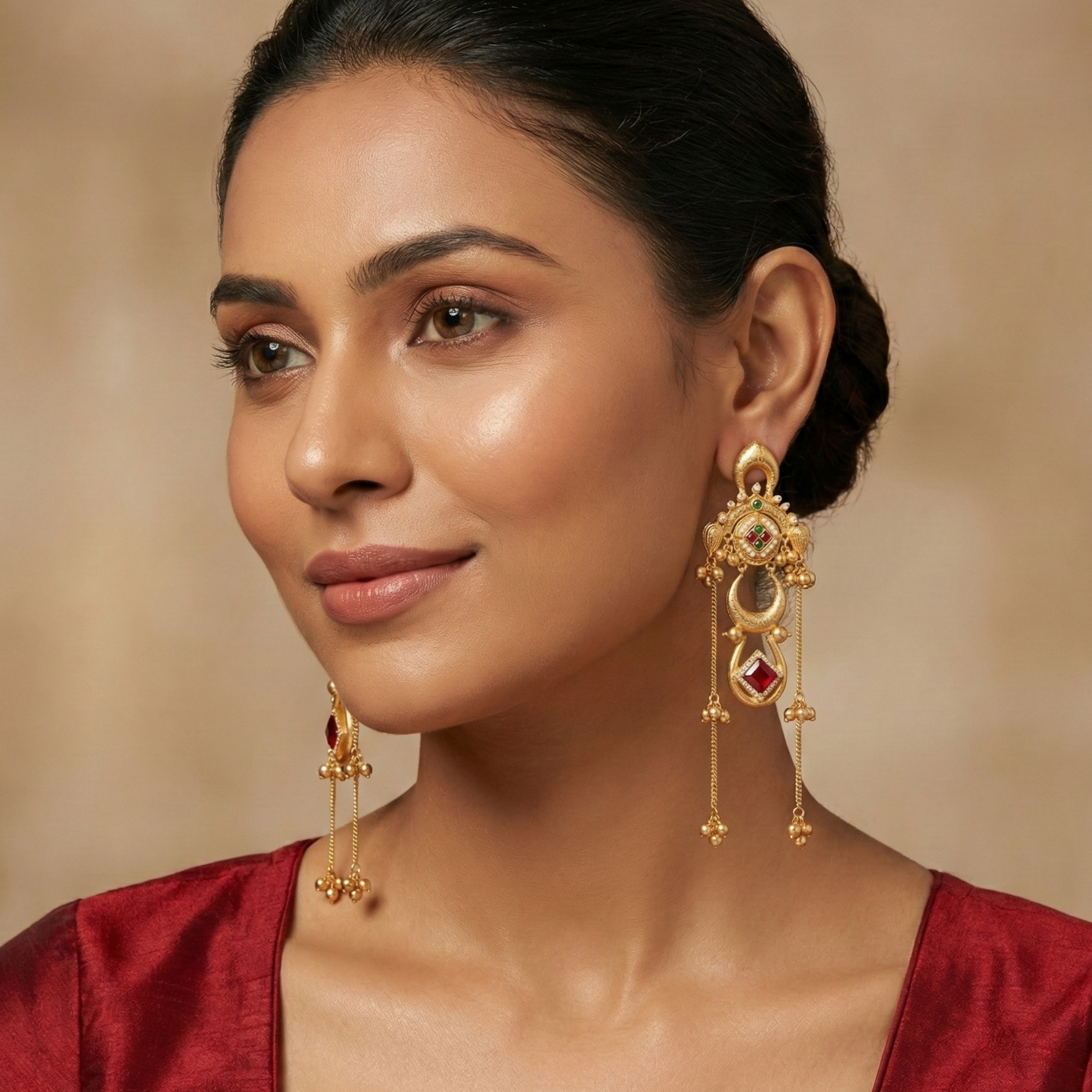 gold plated long chandbali chain dangler earrings ruby red square CZ stone seed pearl four stone grid crescent ring ghungroo ball drops bridal wedding festive Navratri Karva Chauth Indian jewellery Yugavi buy online India