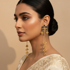 Woman wearing gold earrings with a beige background