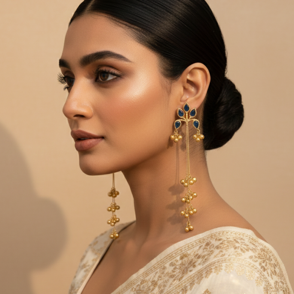 Woman wearing gold earrings with a beige background