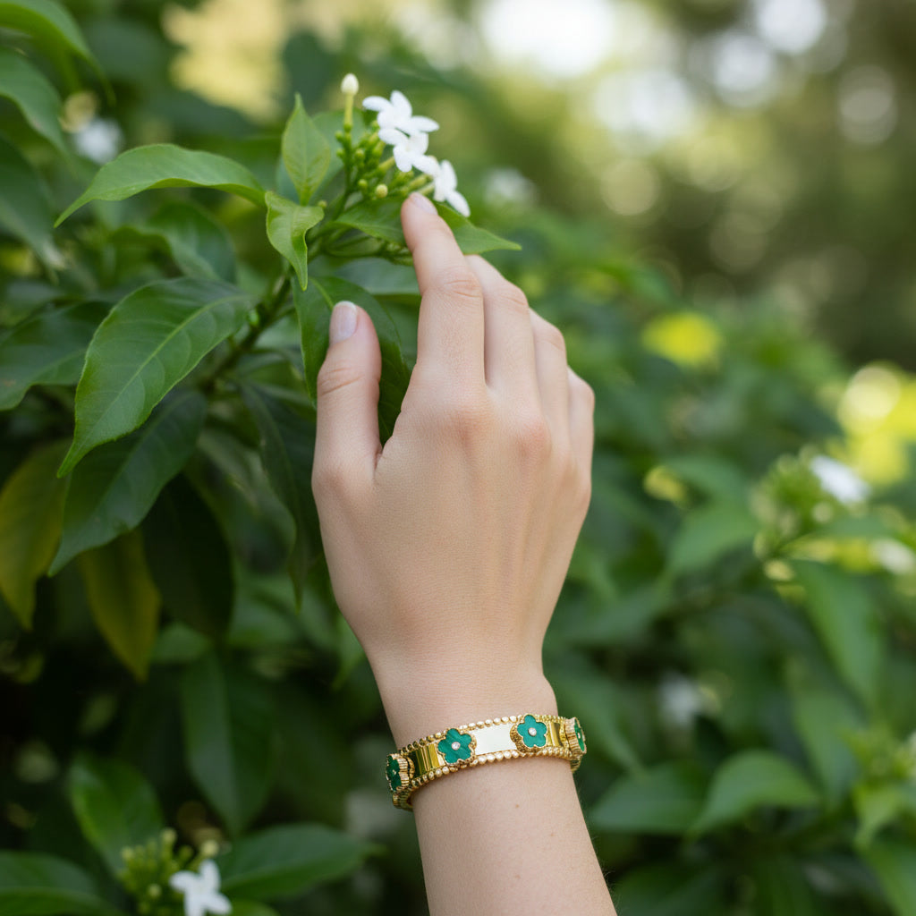 gold plated malachite green clover enamel bangle with CZ stones women India