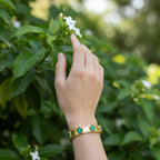 gold plated malachite green clover enamel bangle with CZ stones women India