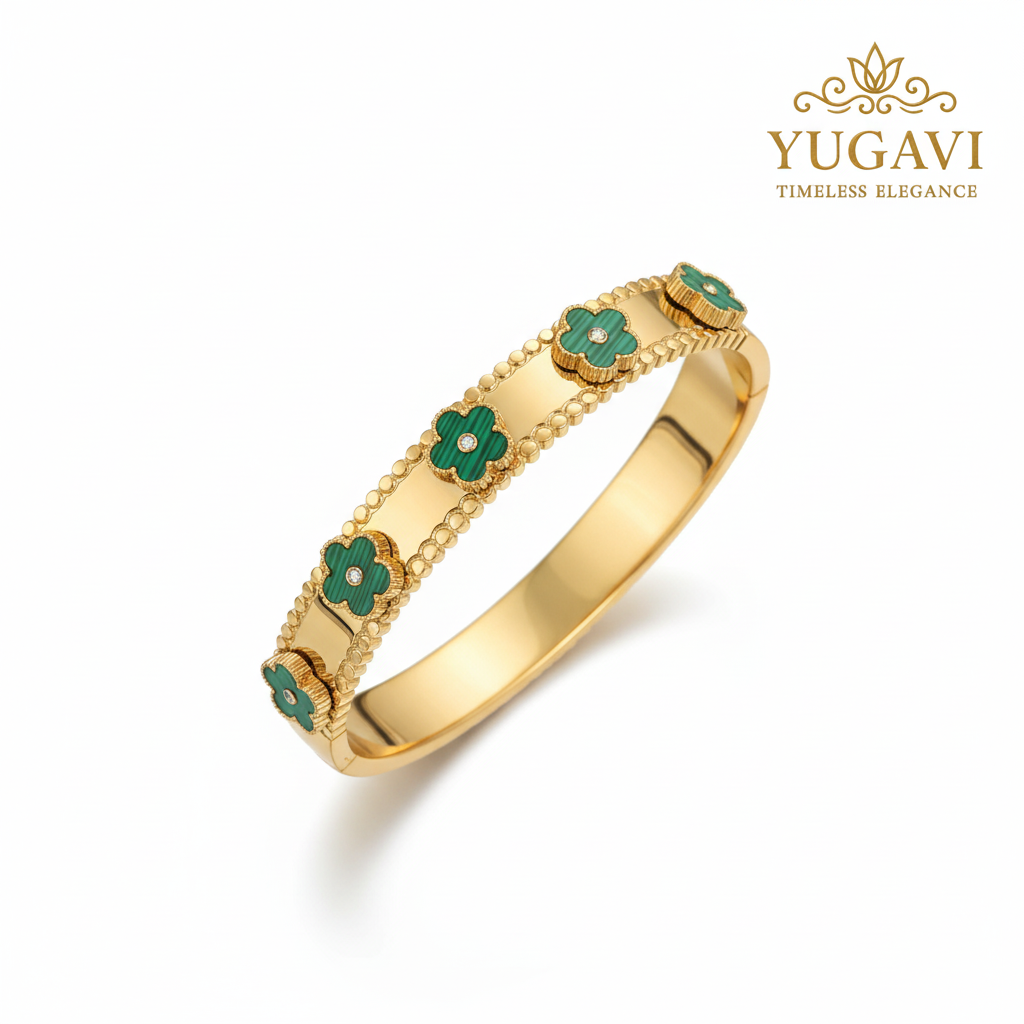 Yugavi Aaravi - YUGAVIgold plated malachite green clover enamel bangle with CZ stones women India Yugavi floral statement festive bridal party daily wear jewellery buy online