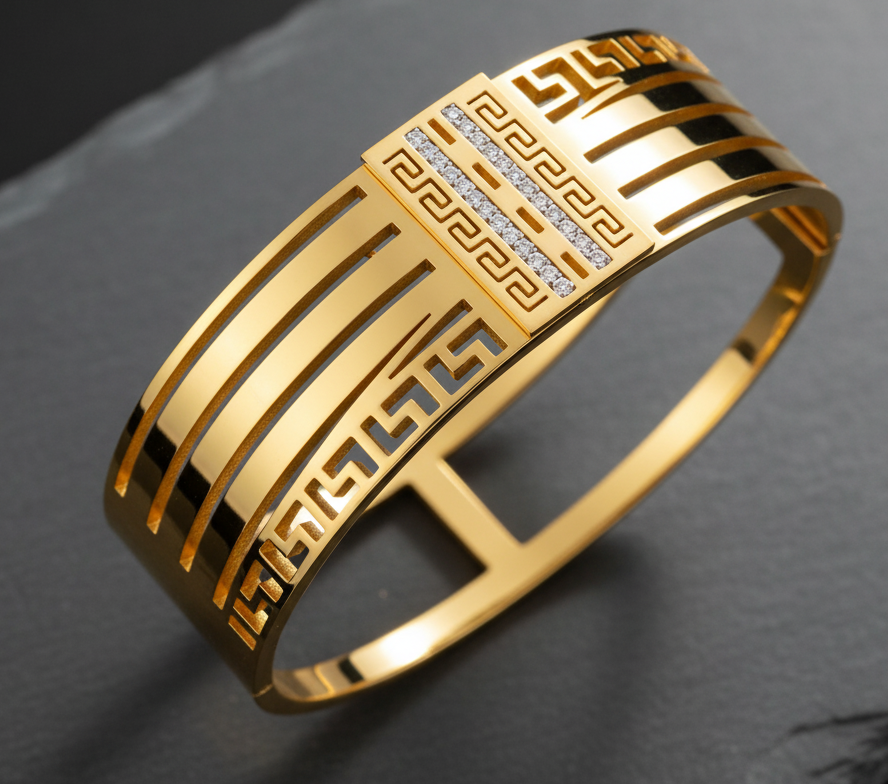 gold plated wide Greek key meander cuff bangle 