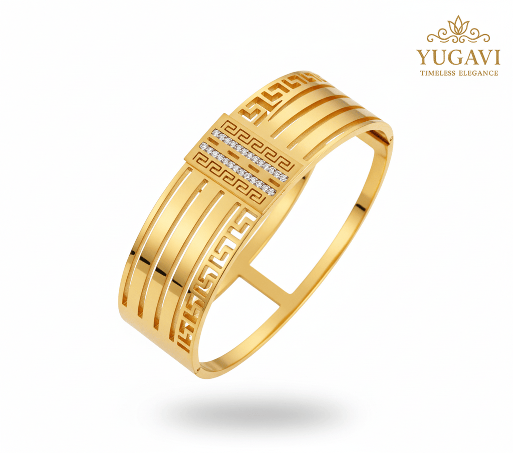 Yugavi Sarika - gold plated wide Greek key meander cuff bangle with CZ stones women India Yugavi statement cocktail party bridal festive jewellery buy onlineYUGAVI