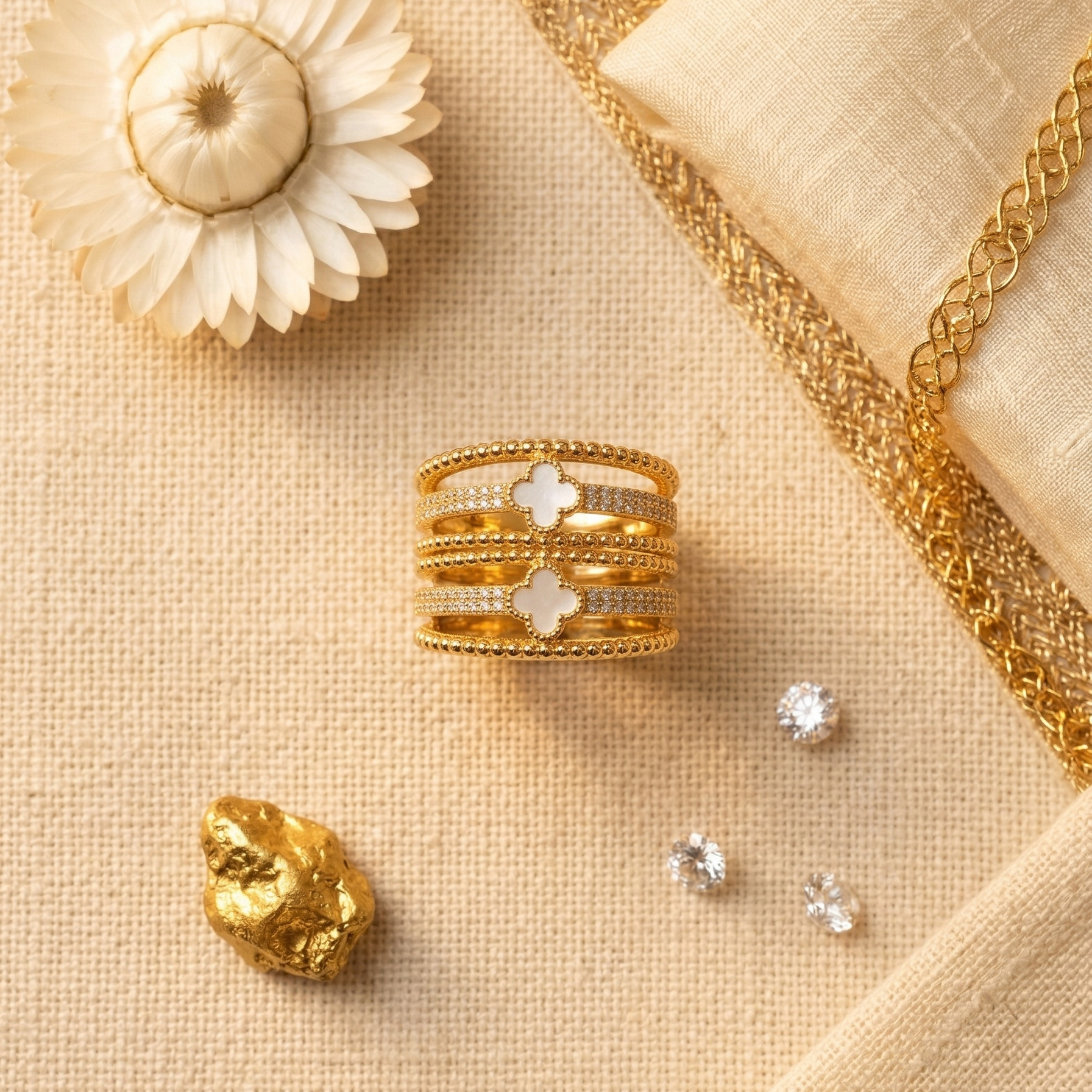 Yugavi Pushpa gold stacked multi-band clover ring worn on finger — festive statement ring — Yugavi Bloom Collection — Yugavi Jewels