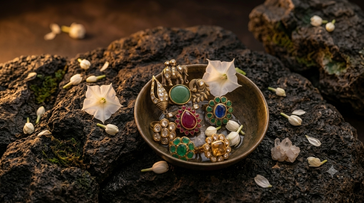 A small bowl filled with multiple gold-toned rings and brooches, each set with colorful gemstones, placed on dark volcanic rocks with scattered white flowers around it.
