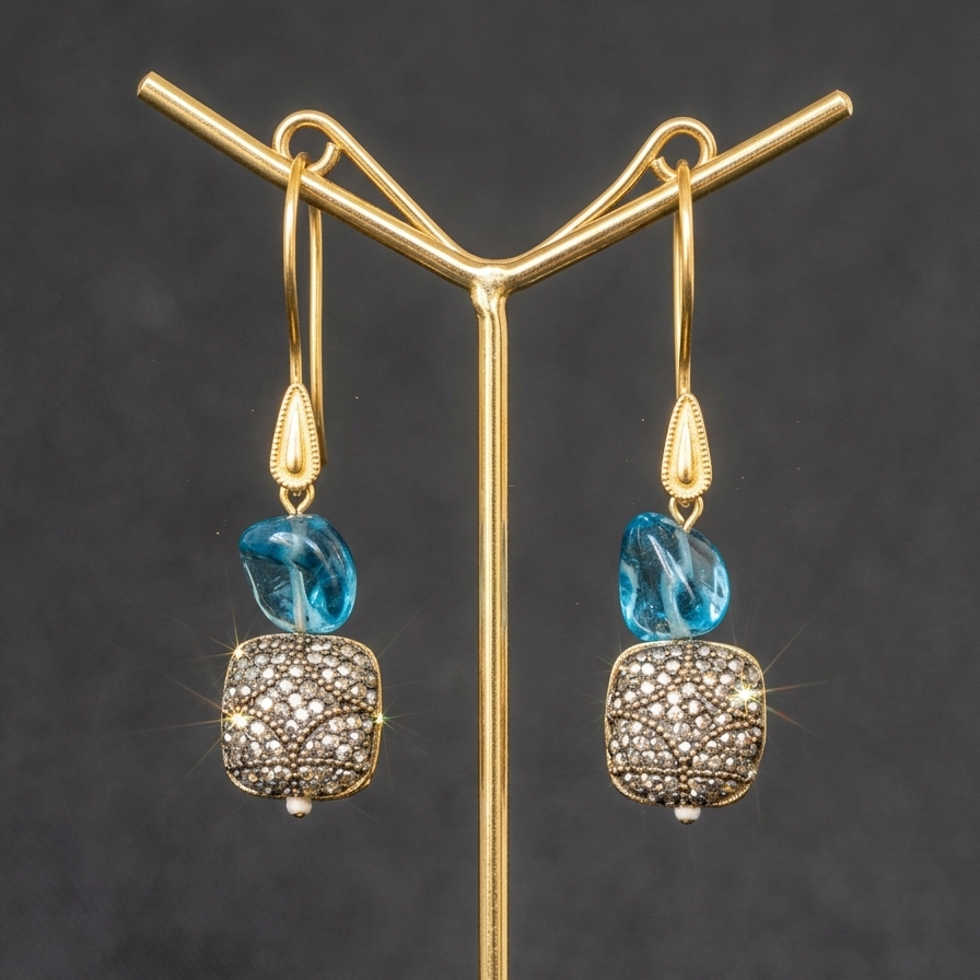 long beaded necklace set aqua blue faceted crystal nugget beads dark gunmetal pave encrusted barrel beads gold spacer beads lobster clasp extender chain matching hook drop earrings casual daily wear office festive boho travel vacation gifting fashion jewellery Yugavi buy online India