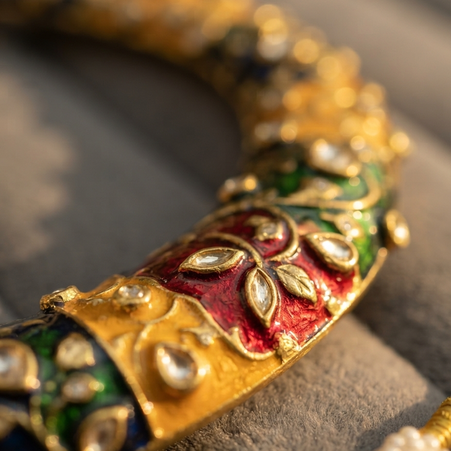 A close-up of a model wearing a traditional Indian choker necklace and matching earring. The necklace features intricate hand-painted enamel in red, green, and gold with central pearl-like stones.