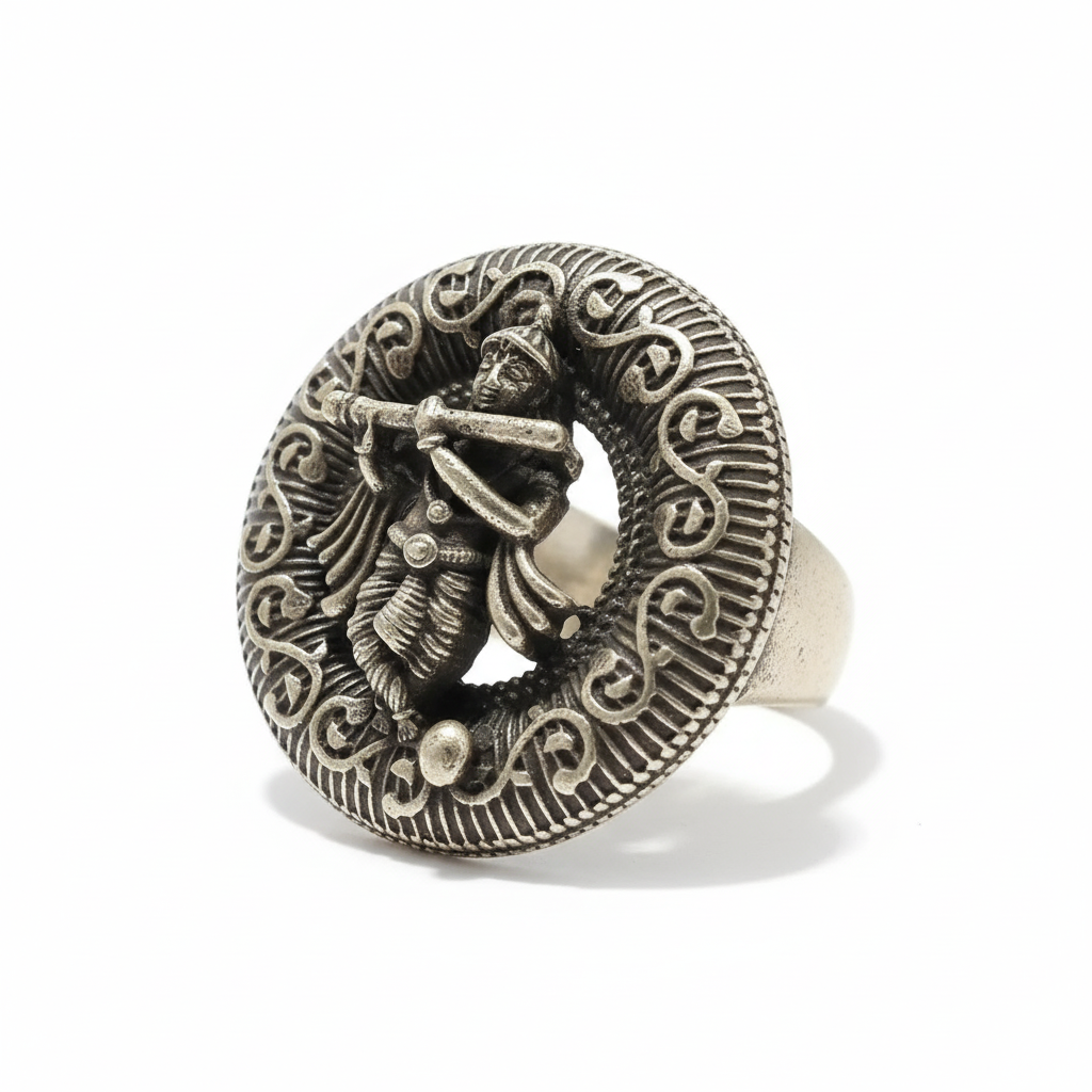 oxidised silver Krishna open wreath paisley scroll statement ring India 