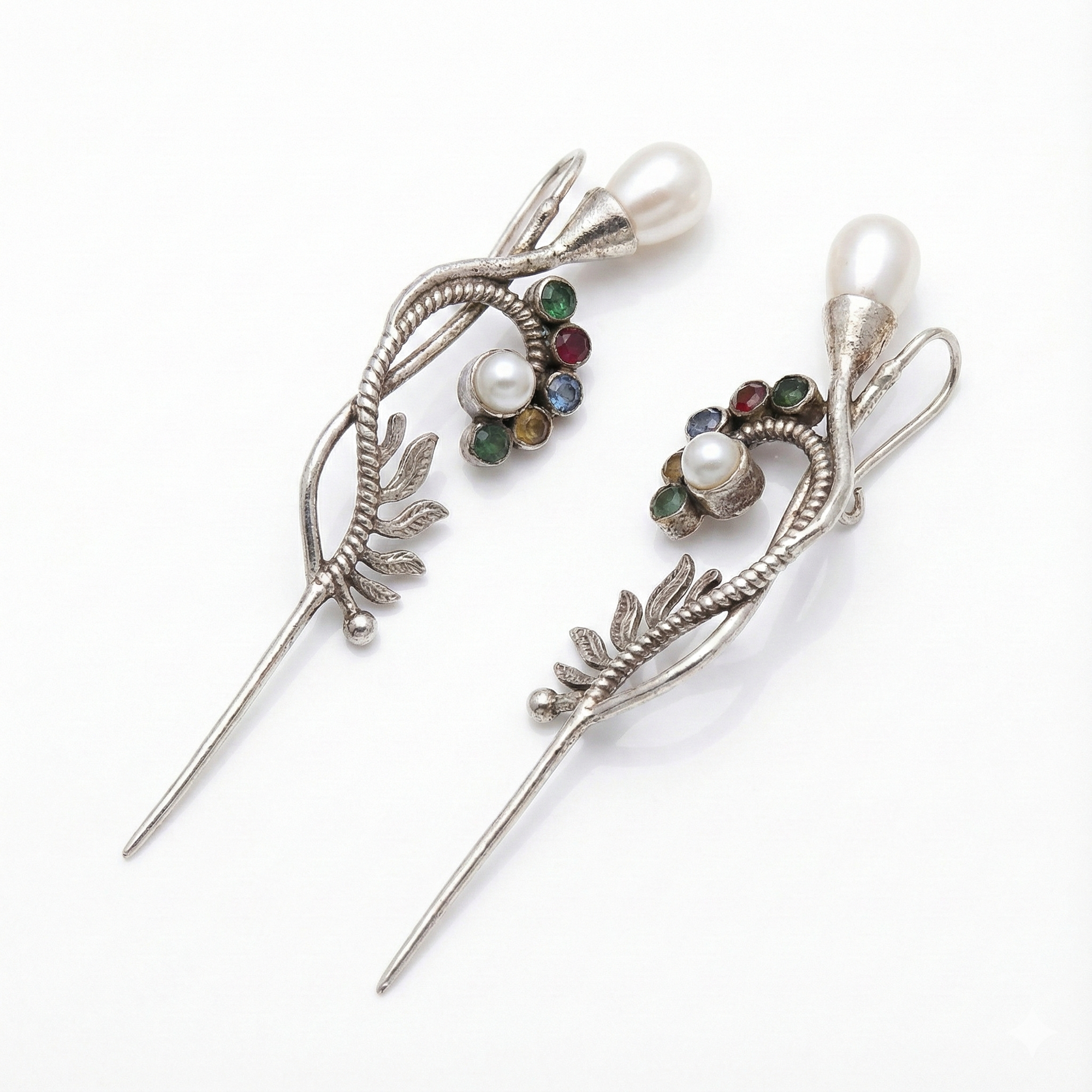 oxidised silver Navratna ear pin earrings botanical leaf stem pearl drop India