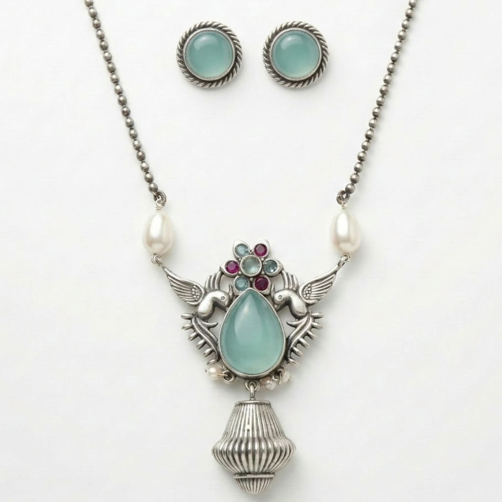 Jewelry set with necklace and earrings featuring turquoise stones on a white background