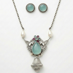Jewelry set with necklace and earrings featuring turquoise stones on a white background