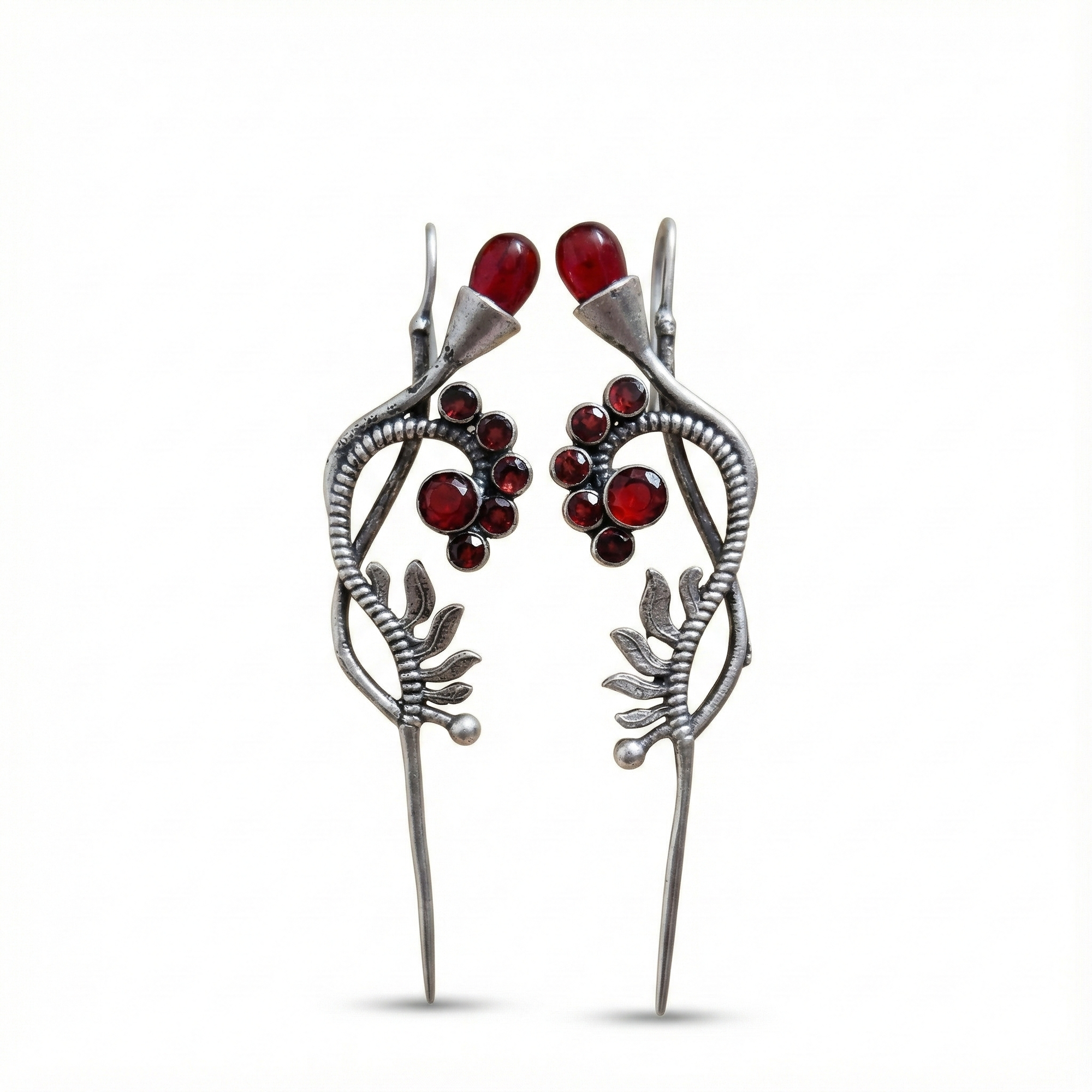 oxidised silver ruby red garnet botanical vine ear pin earrings India Yugavi Kansyam heritage festive bridal party jewellery buy online