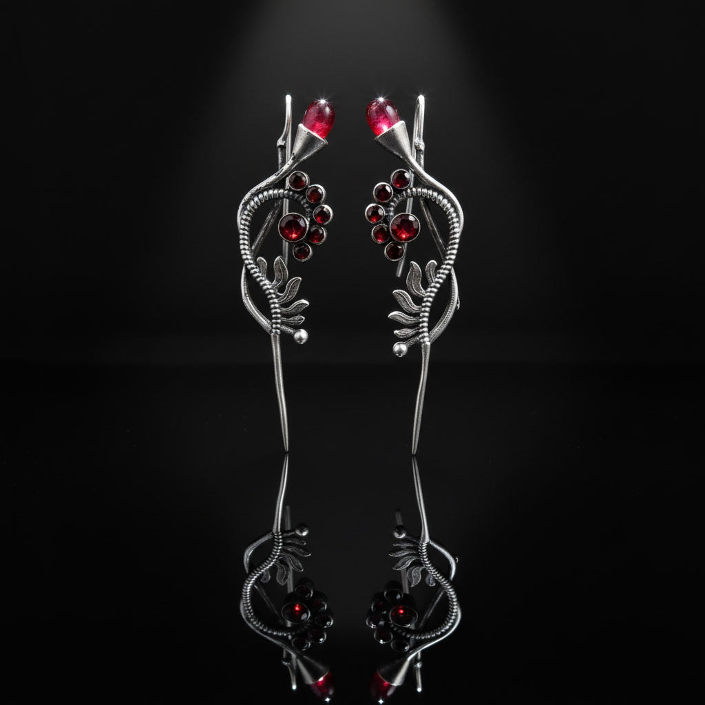 oxidised silver ruby red garnet botanical vine ear pin earrings India Yugavi Kansyam heritage festive bridal party jewellery buy online