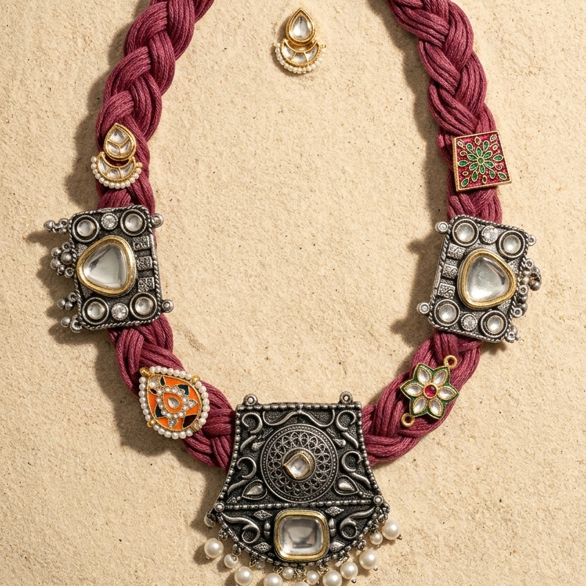 A traditional Indian statement necklace with a deep magenta braided cord, adorned with ornate silver and gold-plated metal plates, white stones, and small pearl bead drops, displayed on a textured beige background.