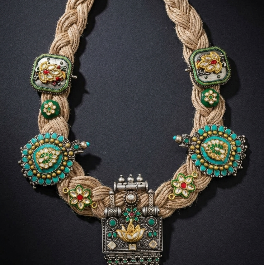 An ornate braided necklace with turquoise, gold, and green decorative elements, displayed on a dark textured background.
