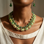 A close-up of a model wearing a gold-toned statement necklace with green and cream marbled cabochon stones, paired with matching green teardrop earrings and a cream linen top.