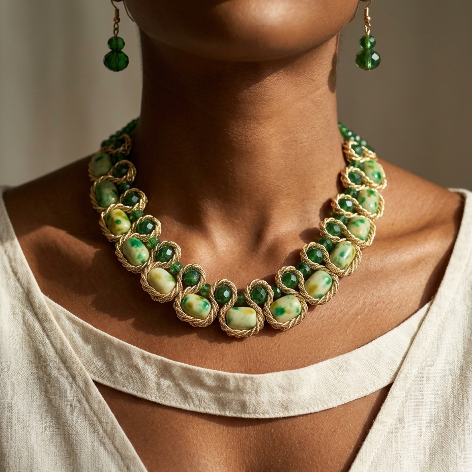 A close-up of a model wearing a gold-toned statement necklace with green and cream marbled cabochon stones, paired with matching green teardrop earrings and a cream linen top.