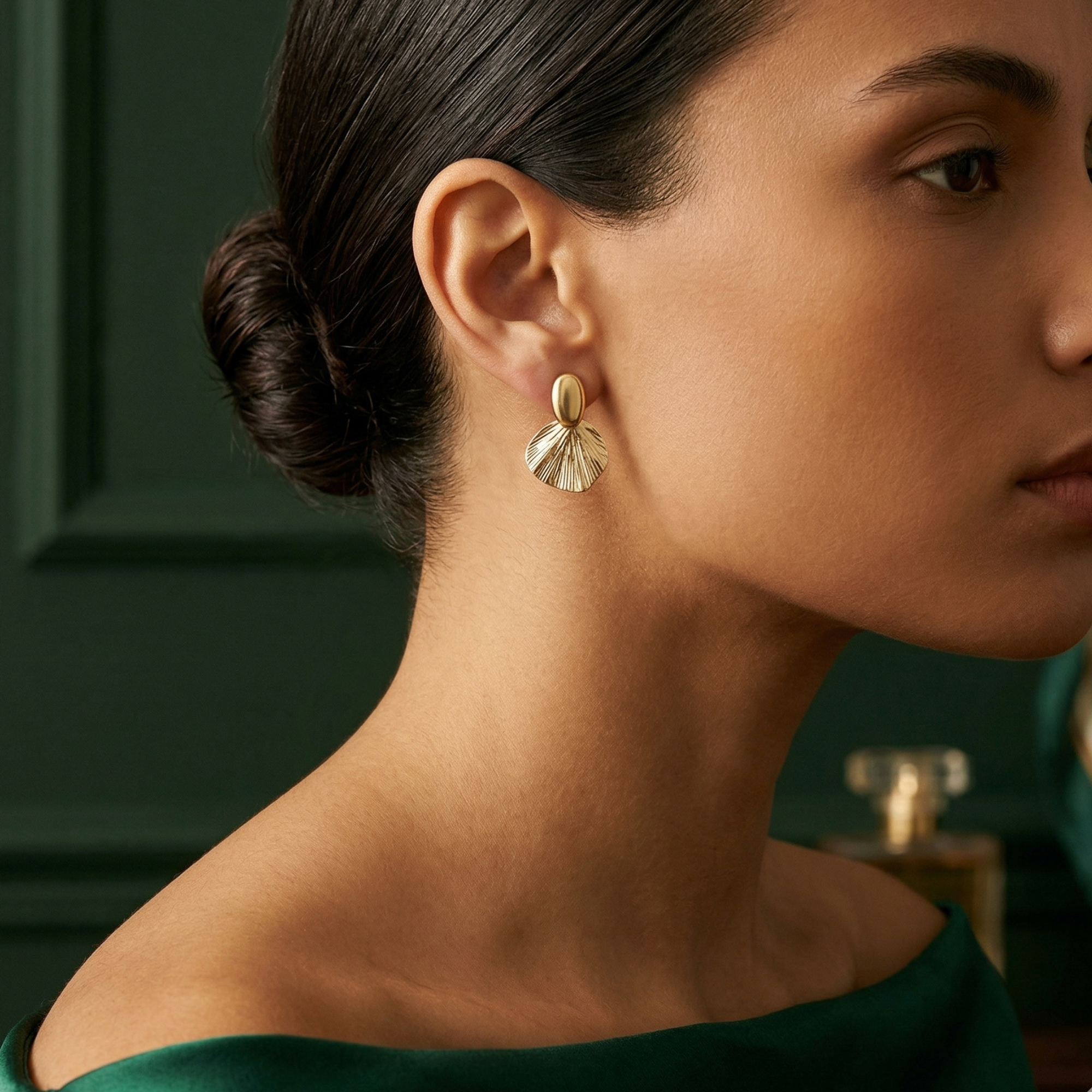 sculptural fan drop earrings worn on ear — statement gold earrings — Yugavi Jewels