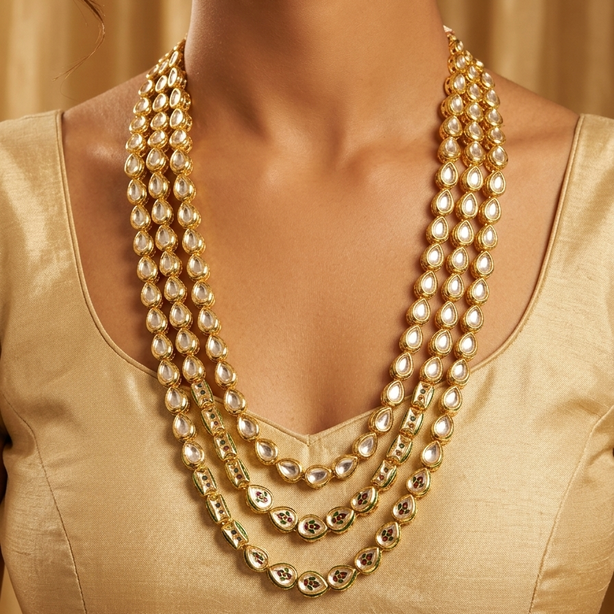 Woman wearing a gold necklace on a beige background