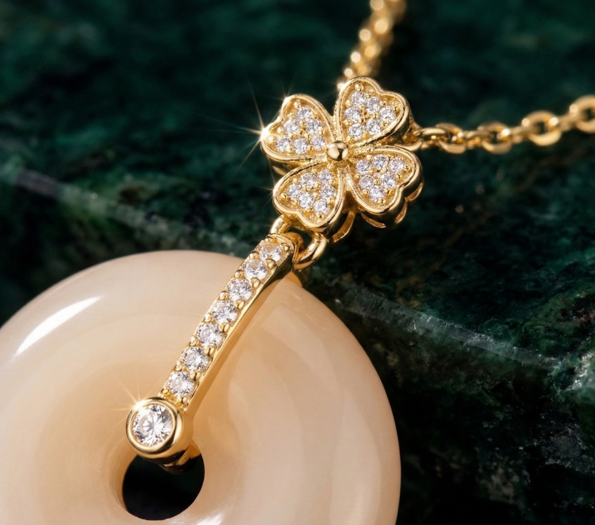ugavi Aarna gold pi disc necklace worn on collarbone — ivory stone-look pendant with zirconia flower connector — Yugavi Jewels