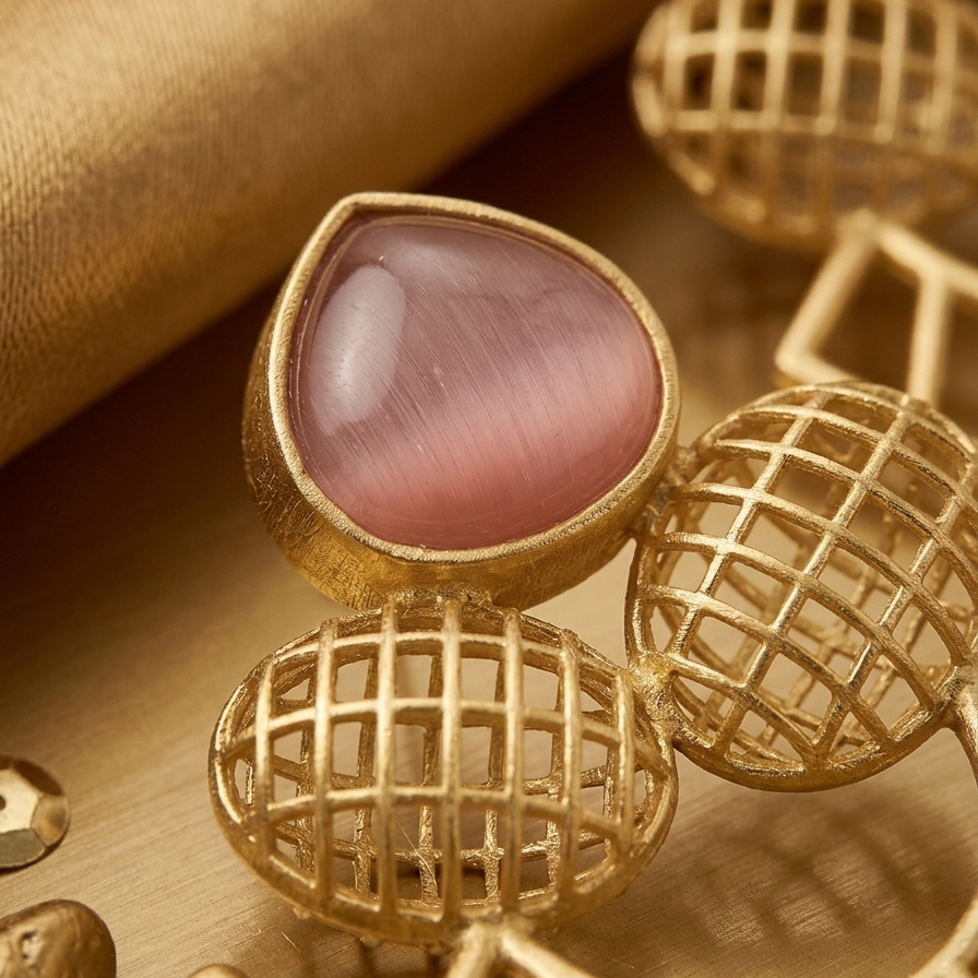 Close-up of Yugavi Kirana Rose earring stud — warm blush rose cat's eye teardrop cabochon in plain gold bezel with flanking cross-hatched lattice oval forms, contemporary Indian jewellery design
