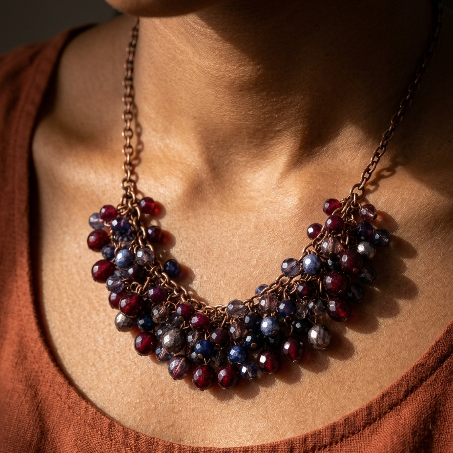 A close-up of a person wearing a chunky statement necklace made of clustered faceted beads in deep red, navy blue, and silver-gray on a bronze-toned chain, paired with a rust-orange top.