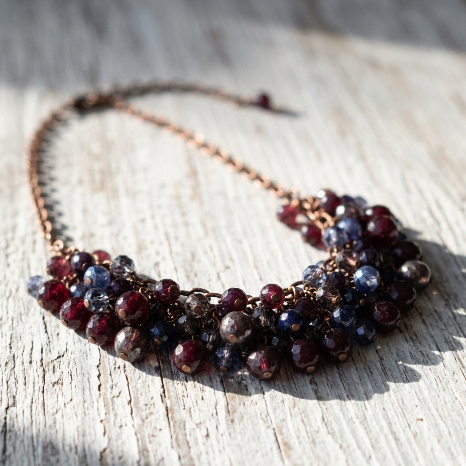 A beaded collar necklace with faceted dark red, navy blue, and smoky gray beads on a copper-toned chain, displayed on a weathered white wooden surface.
